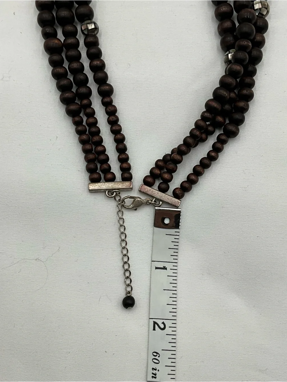 Multi Strand Dark Brown Wood-look Beaded Necklace with Silver Accents